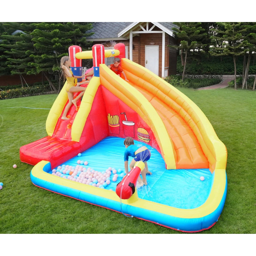 Inflatable Water Slide Splash Toy with Climbing Wall, Splash Pool, Water Cannon, Blower, Sprinkler, Stakes, Repair Patches, Storage Bag U64735