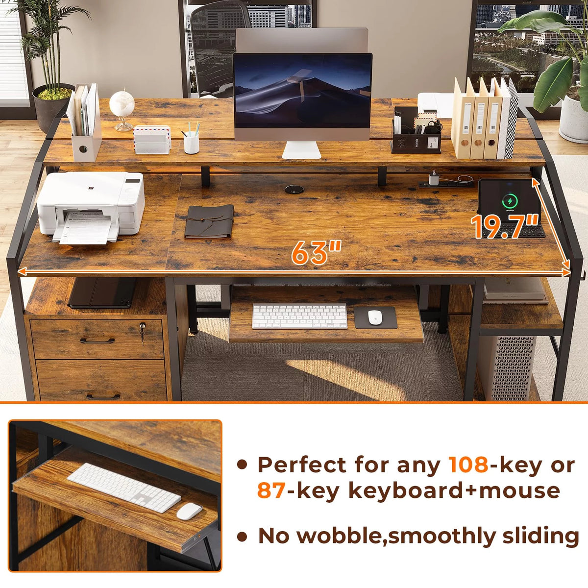Computer Desk with LED Light and USB Charging Ports F886828