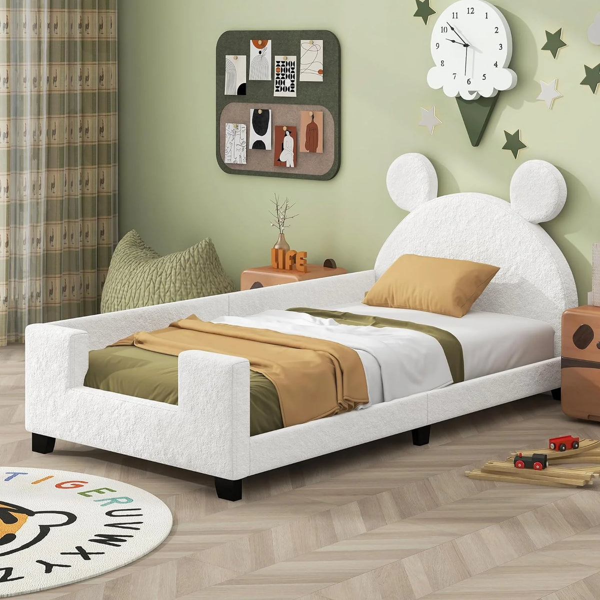White Upholstered Bed with Bear Shaped Headboard Z138