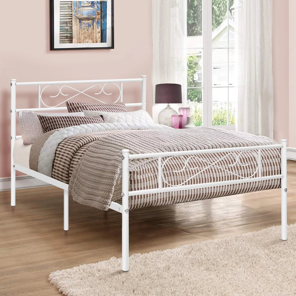 White 12 inch Metal Twin Size Platform Bed Frame with Headboard R4909