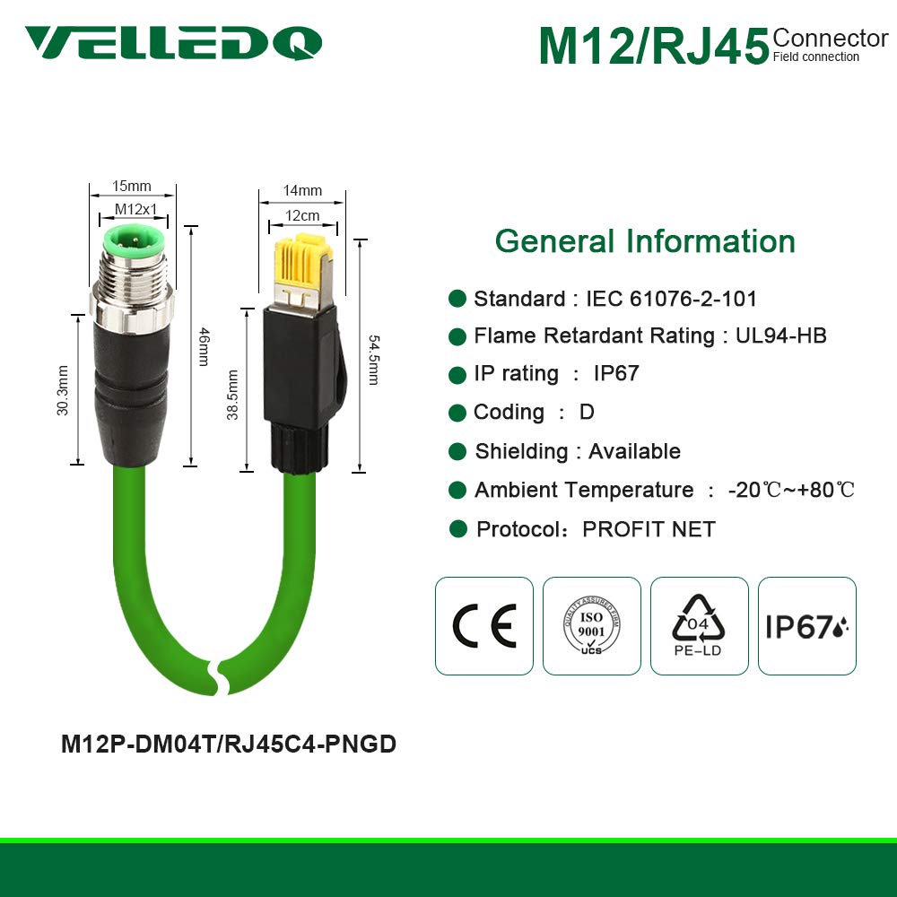 M12 4-Pin D-Coding Sensor Connector to RJ45 C4 Plug Shielded Cable (15FT) M5527