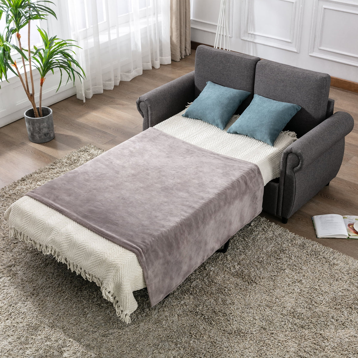 57.5" Gray Pull Out Sofa Bed with Twin Size Memory Mattress C292159