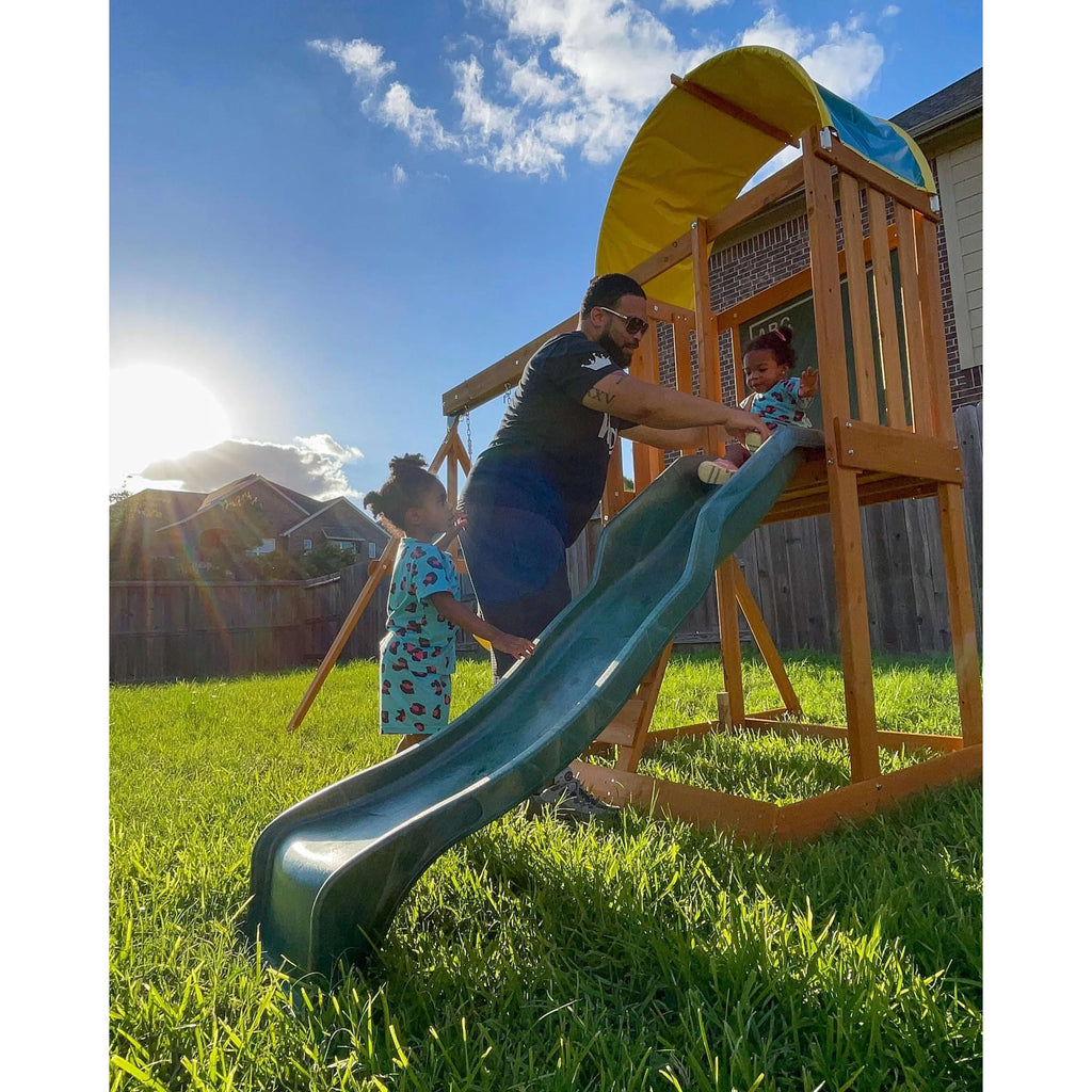 Wooden Outdoor Swing Set with Slide and Rock Wall K19195