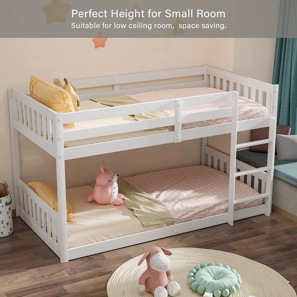 White Wood Twin Over Twin Bunk Bed with Guardrails & Ladder N873