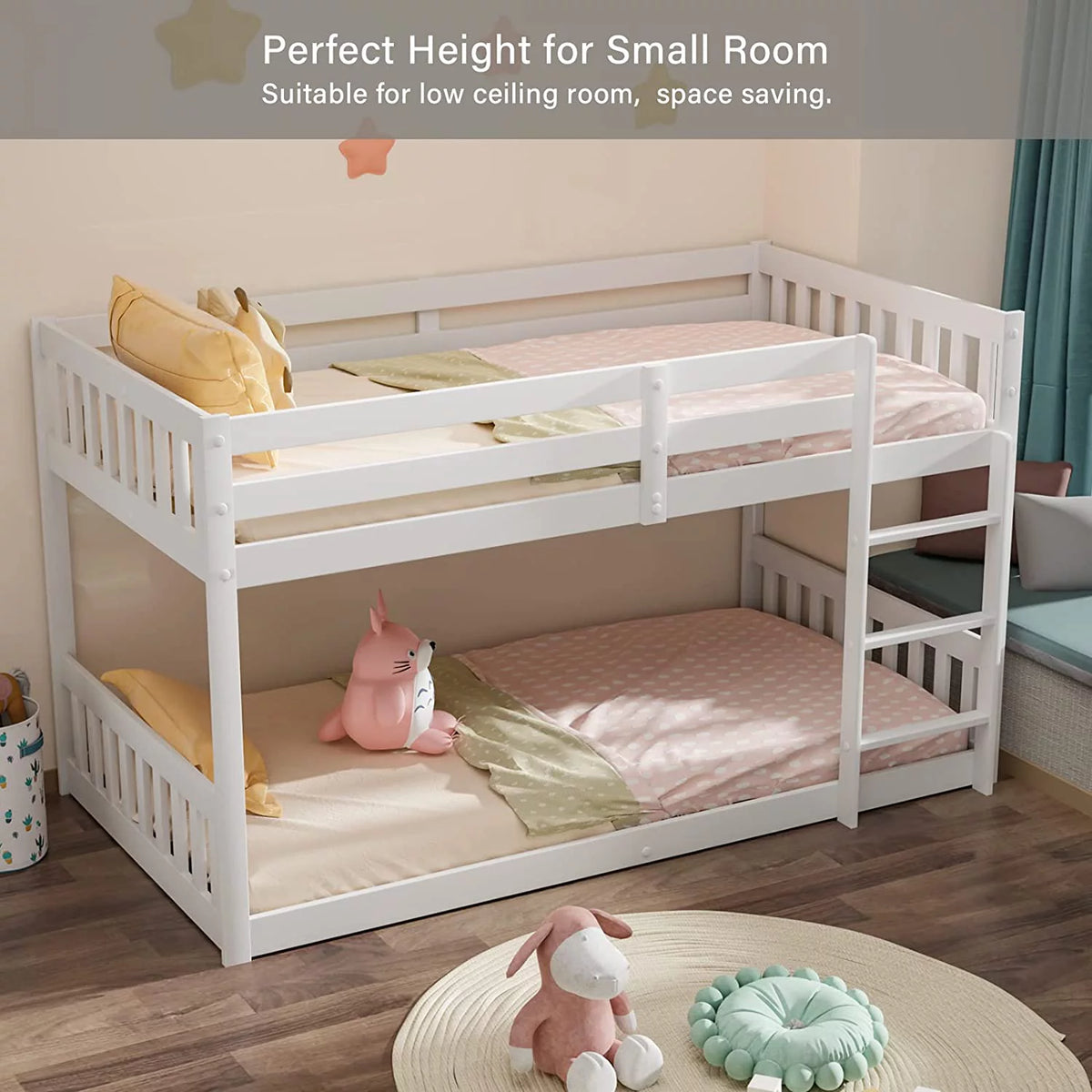 White Wood Twin Over Twin Bunk Bed with Guardrails & Ladder N873