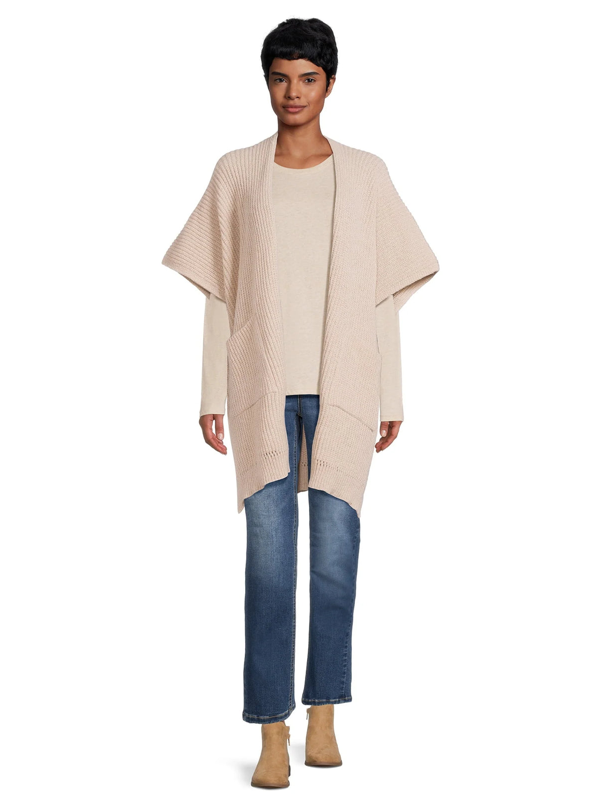 Ribbed Sweater Cape with Pockets K7258