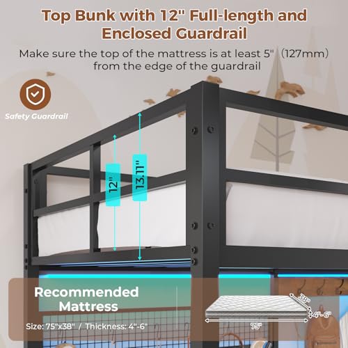 Twin Size Black Metal Loft Bed with Desk and Storage Q421