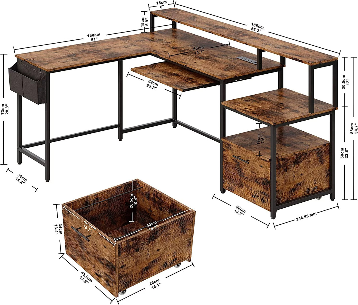 L Shaped Corner Desk with Power Outlet and File Drawer W722583