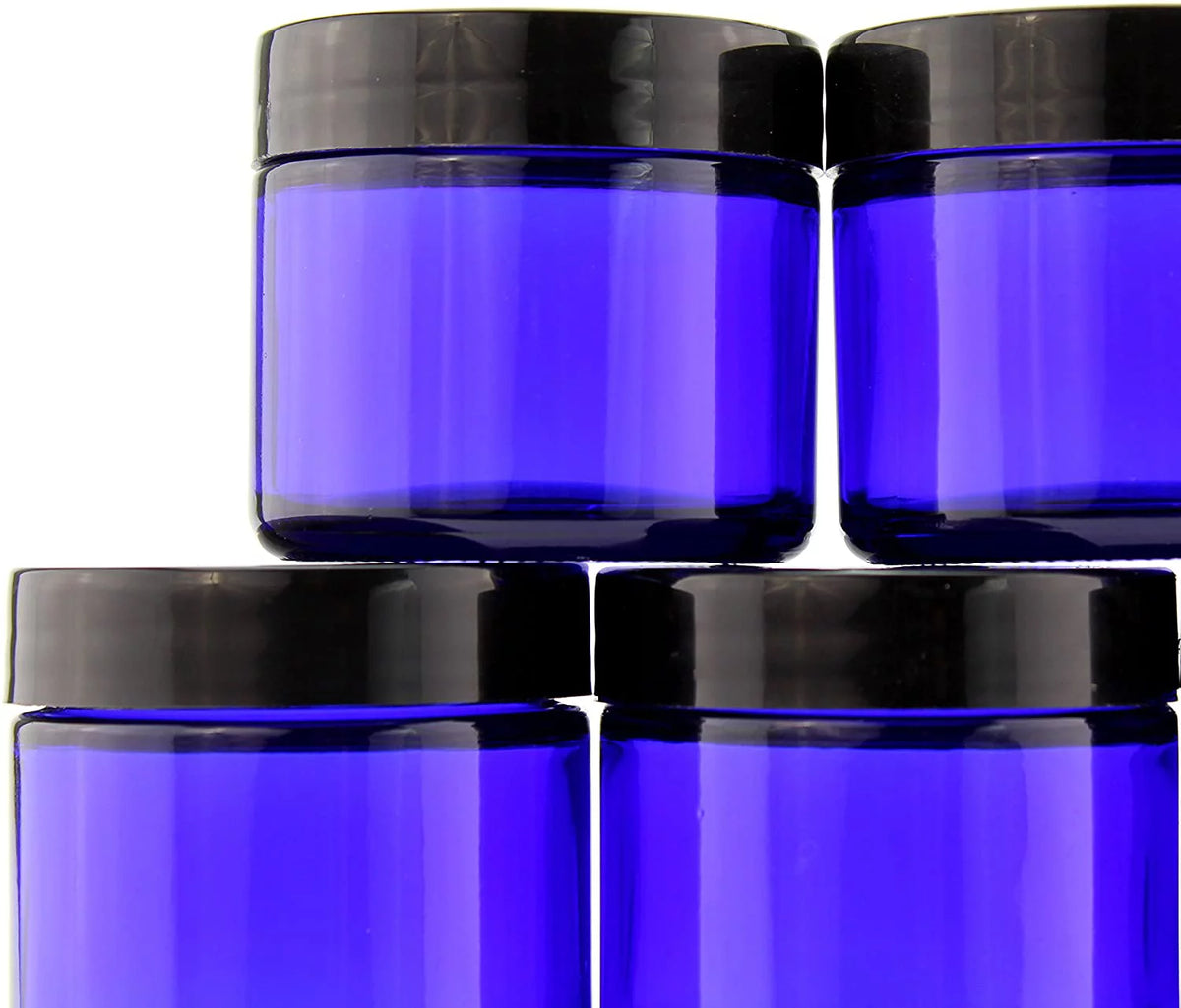 2 oz Cobalt Blue Glass Cosmetic Jars 12-Pack with Black Lined Lids V508