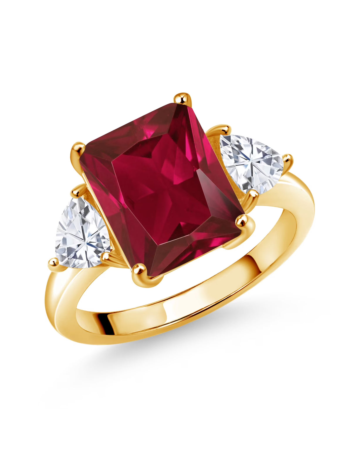 18K Yellow Gold Plated Silver Red Created Ruby White Moissanite 3 Stone Ring S104