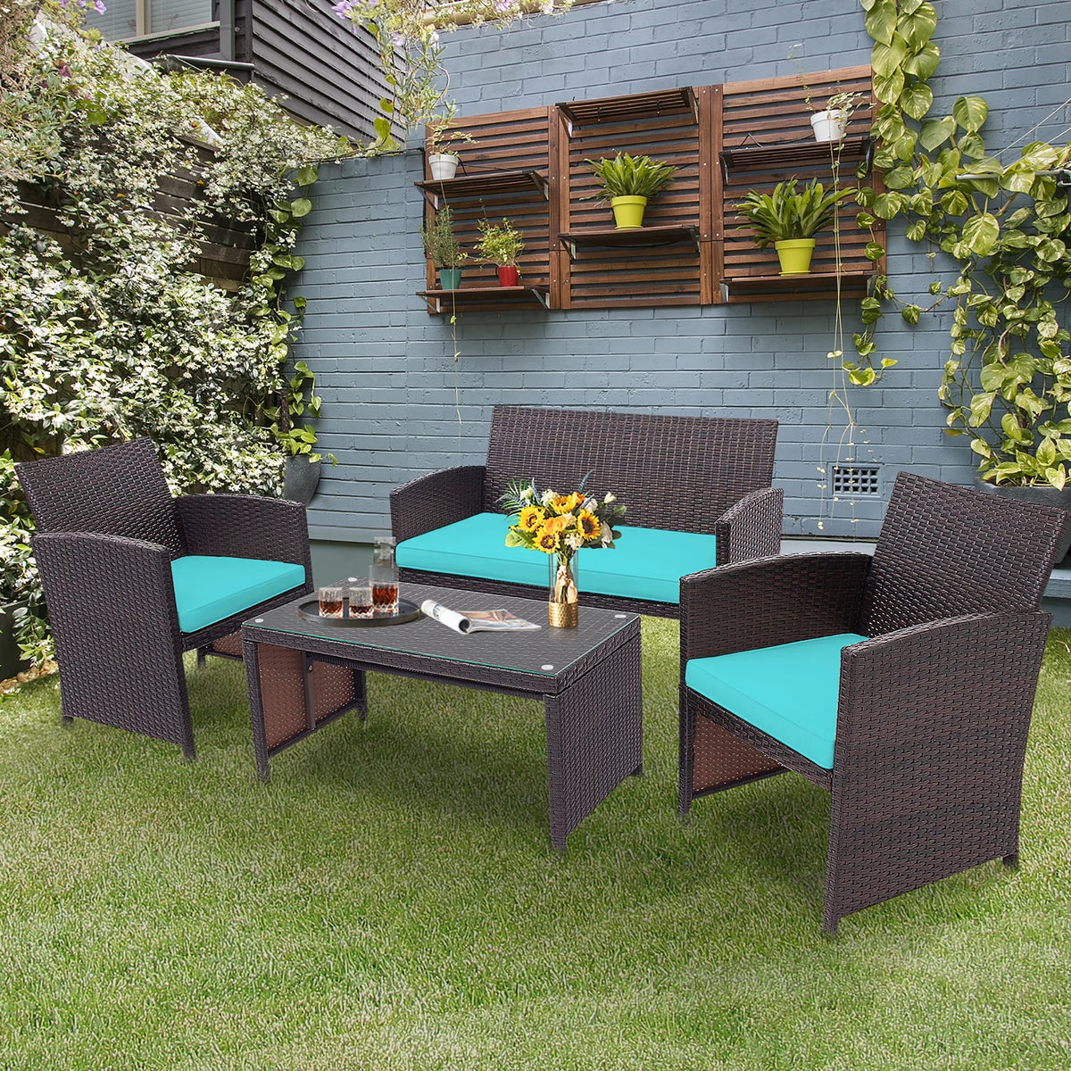 4 Pc White Patio Rattan Furniture Set Y983