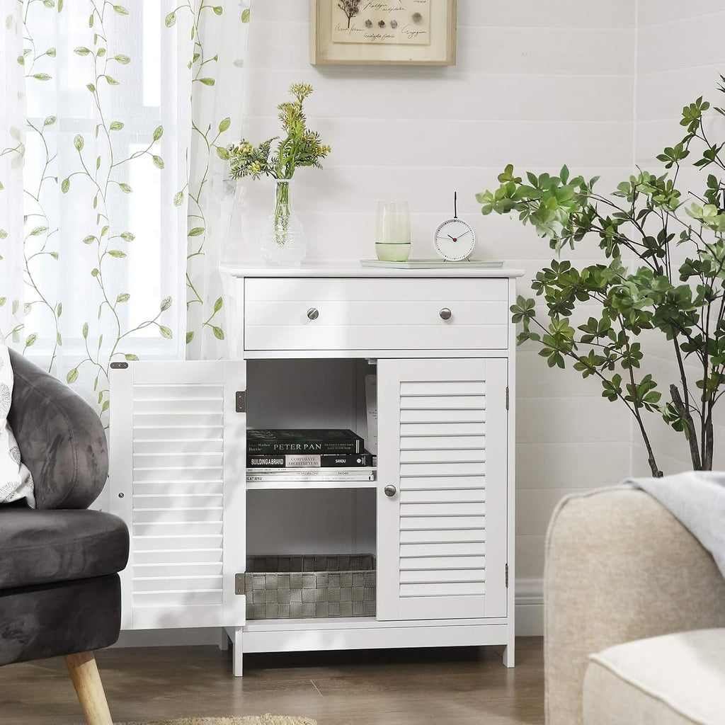 Matte White Free-Standing Bathroom Cabinet with 2 Louvered Doors and Drawer L4770