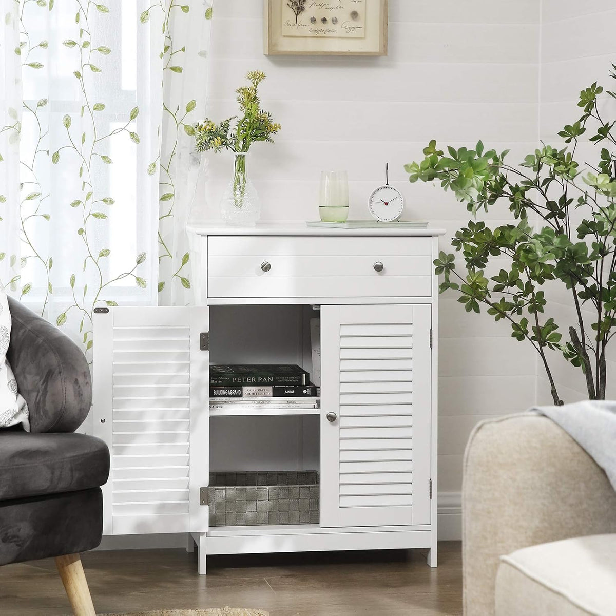 Matte White Free-Standing Bathroom Cabinet with 2 Louvered Doors and Drawer L4770