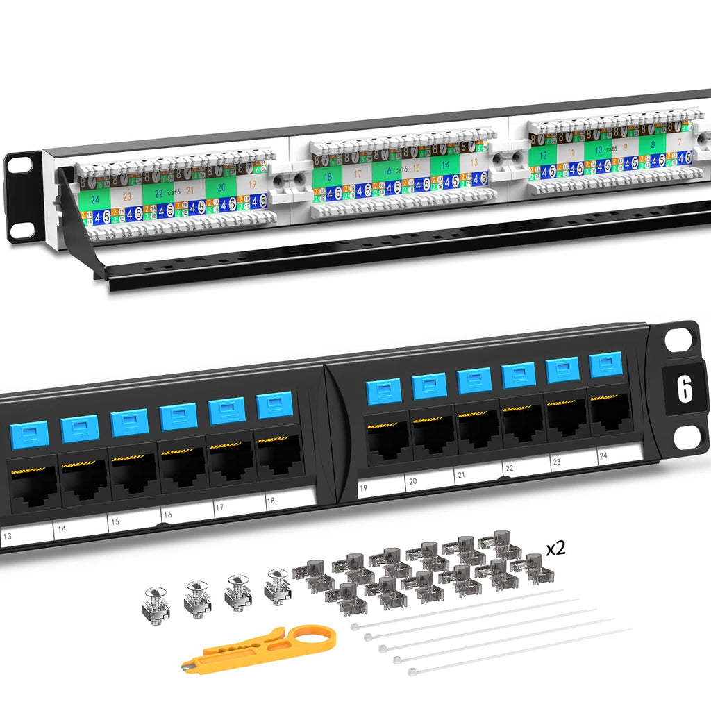 CAT6 24 Ports Patch Panel, Rack Mount, 1U, 19 inch, RJ45 Ethernet, 15u Gold Plated, Pack of 2 Q6574