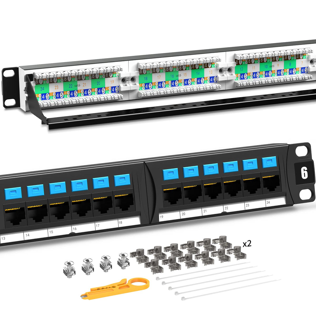 CAT6 24 Ports Patch Panel, Rack Mount, 1U, 19 inch, RJ45 Ethernet, 15u Gold Plated, Pack of 2 Q6574