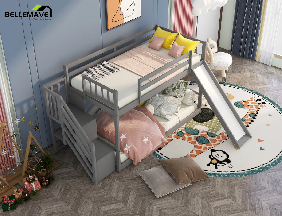 Gray Twin Over Twin Wooden Bunk Bed with Slide and Stairs L5432