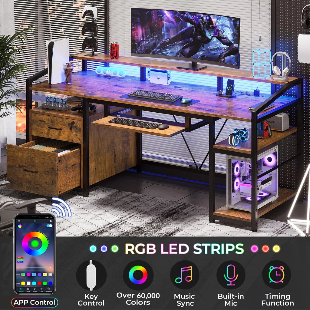 Computer Desk with LED Light and USB Charging Ports F886828