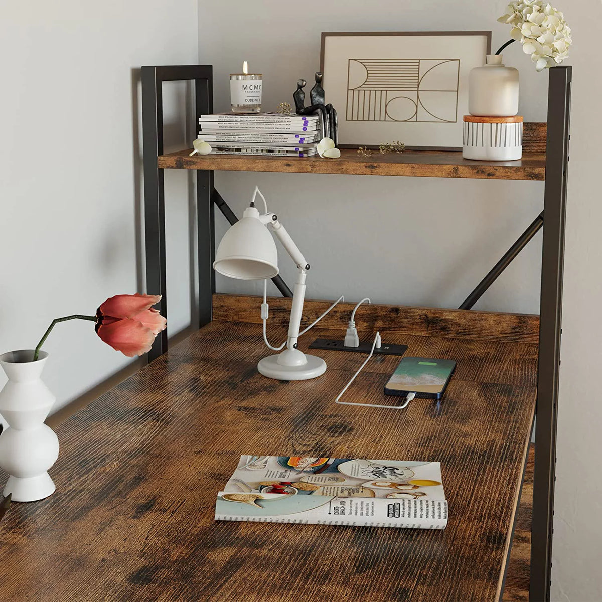 55" Computer Desk with Power Outlet and Storage Shelves X118