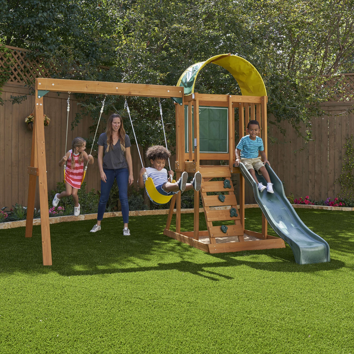 Wooden Outdoor Swing Set with Slide and Rock Wall K19195