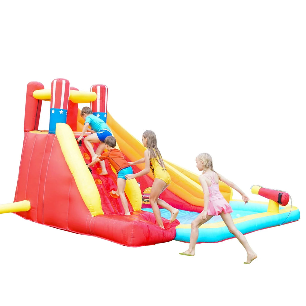 Inflatable Water Slide Splash Toy with Climbing Wall, Splash Pool, Water Cannon, Blower, Sprinkler, Stakes, Repair Patches, Storage Bag U64735