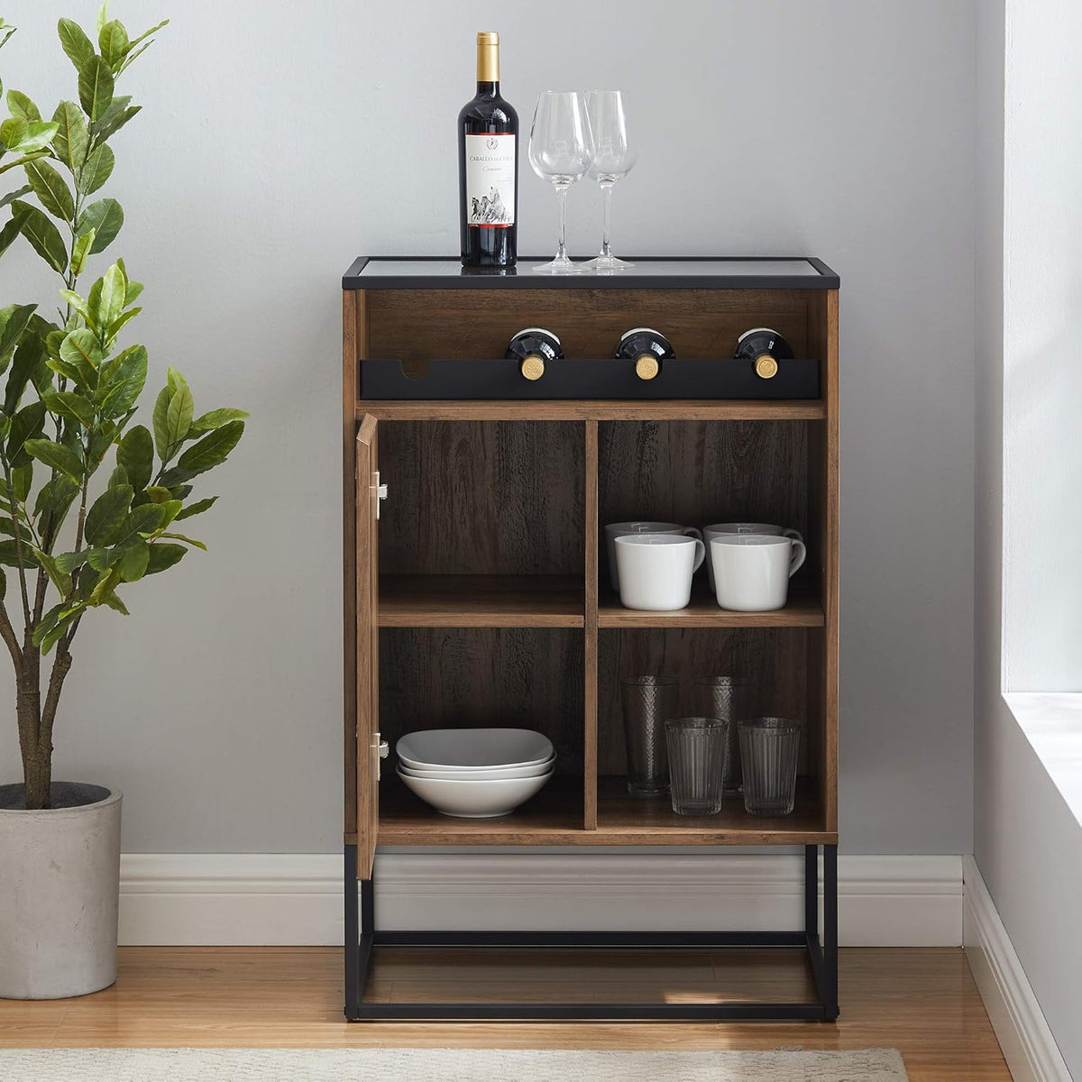 Rustic Oak Wood and Glass Bar Cabinet I3208