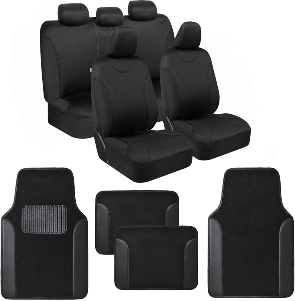 Red Accent Double Trim Car Seat Covers (2 Front 1 Bench) with Auto Carpet Floor Mats (4 Set) W384008