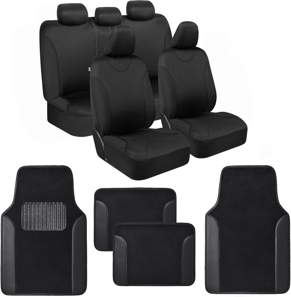 Red Accent Double Trim Car Seat Covers (2 Front 1 Bench) with Auto Carpet Floor Mats (4 Set) W384008