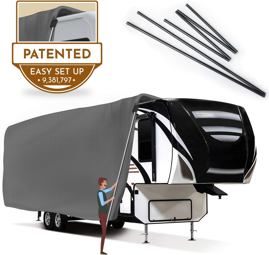 5th Wheel RV Cover 3-Ply Ripstop Waterproof with Steel Pole E628496