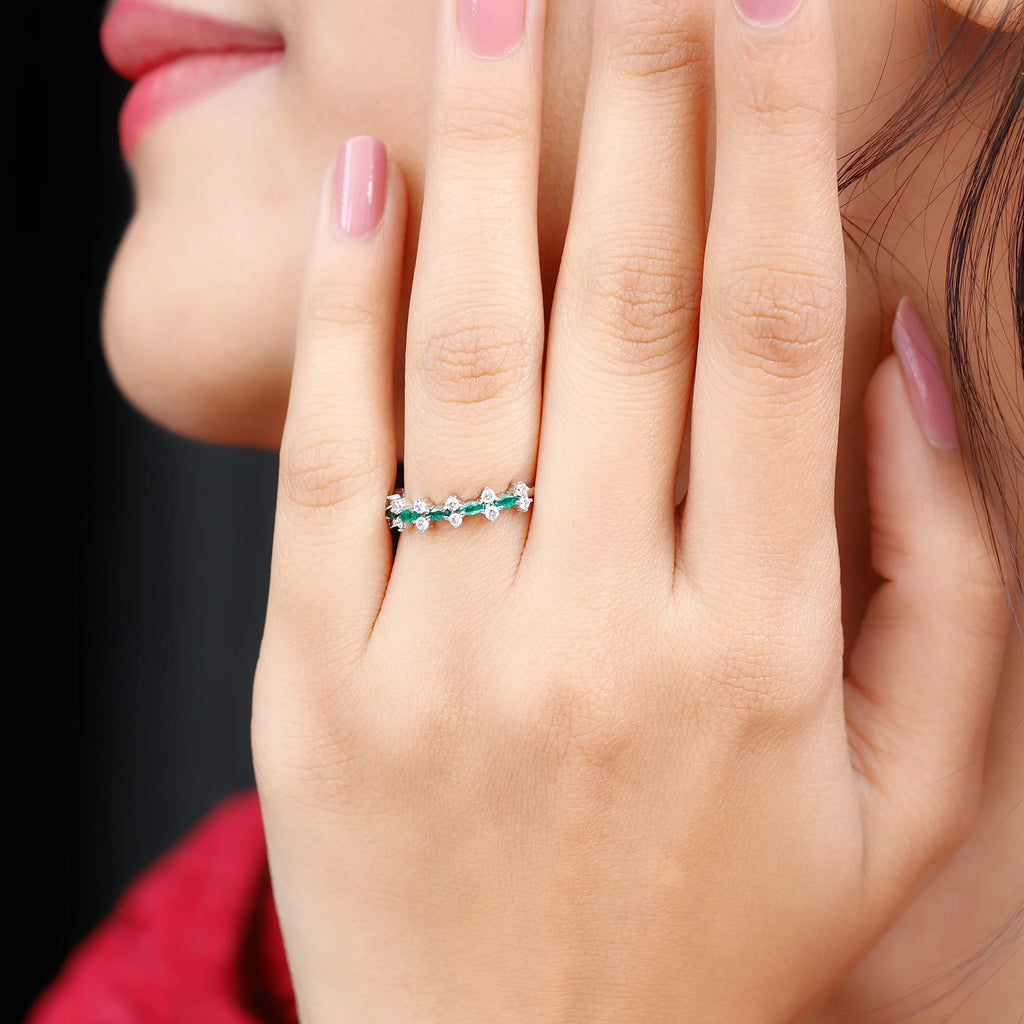 Marquise Emerald Ring with Diamond, 925 Sterling Silver H70733