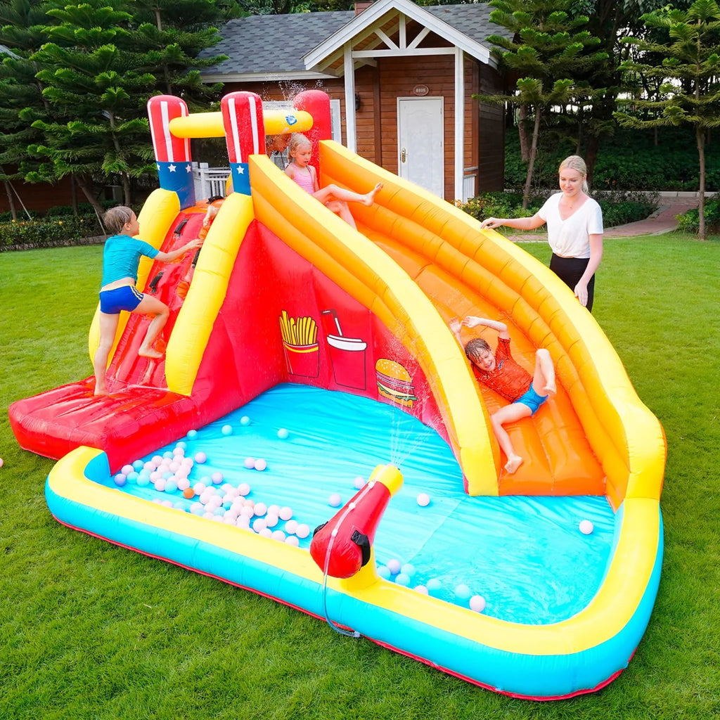Inflatable Water Slide Splash Toy with Climbing Wall, Splash Pool, Water Cannon, Blower, Sprinkler, Stakes, Repair Patches, Storage Bag U64735