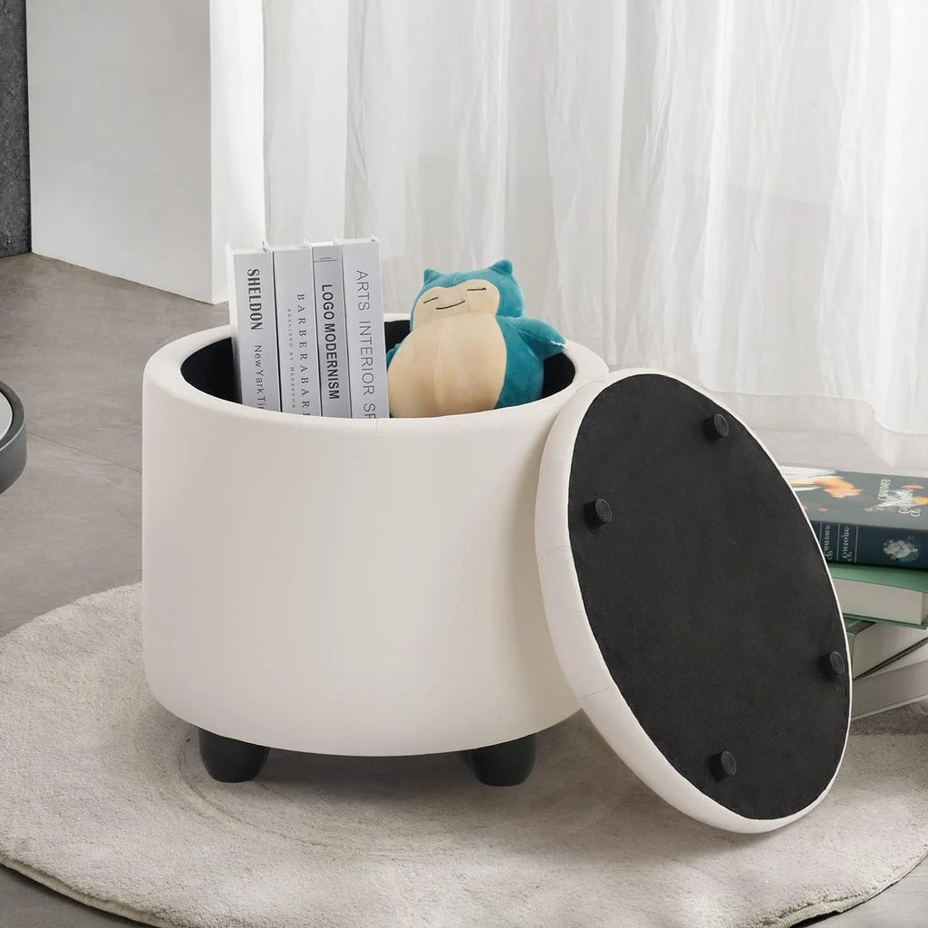 19" Round Storage Ottoman with Cover Lid Tufted PU Leather Fabric Ottoman N328