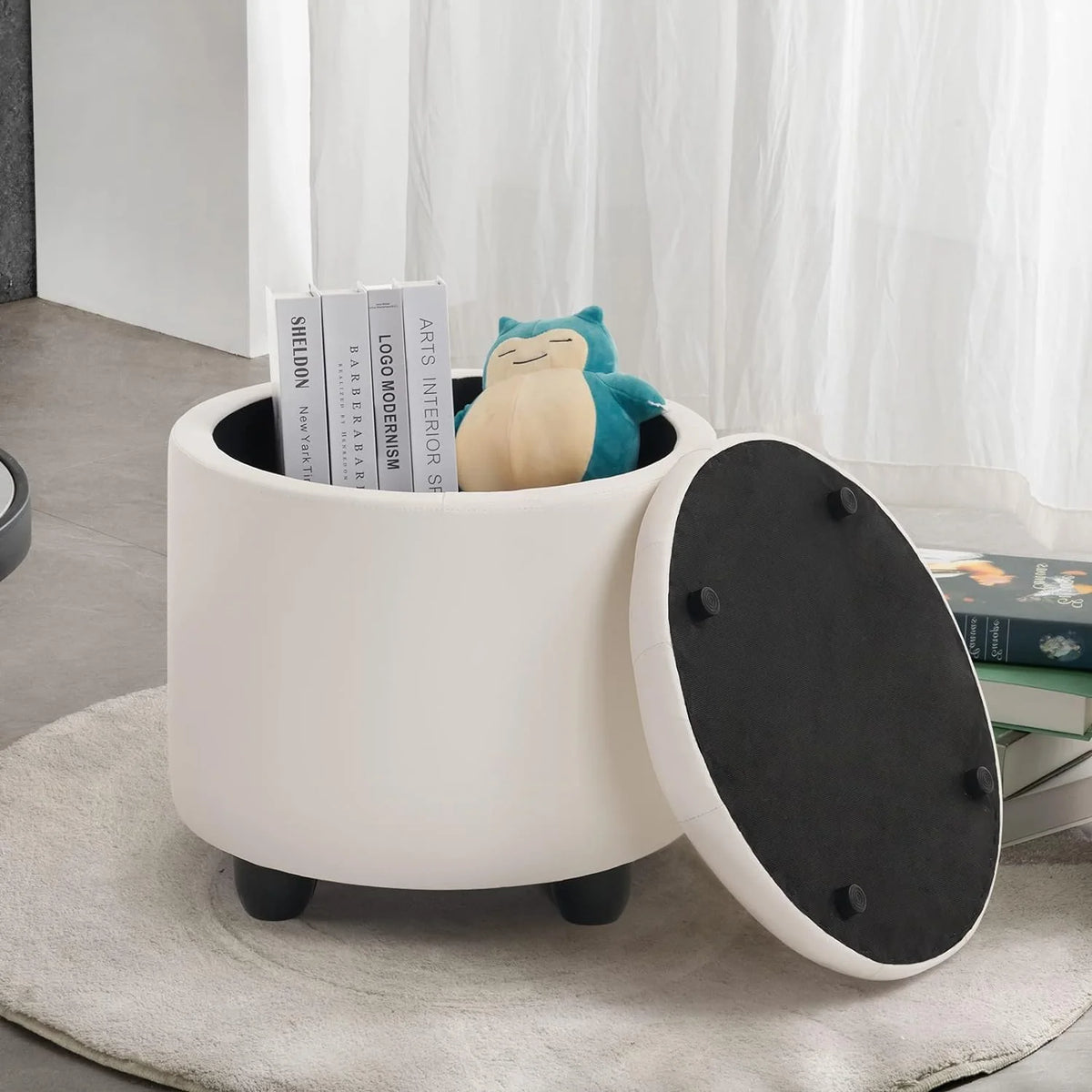 19" Round Storage Ottoman with Cover Lid Tufted PU Leather Fabric Ottoman N328