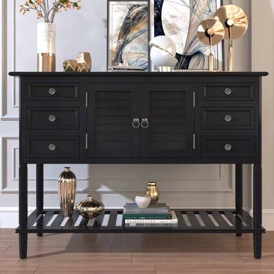 Black 6 Drawer Console Table with Cabinet and Shelf W237