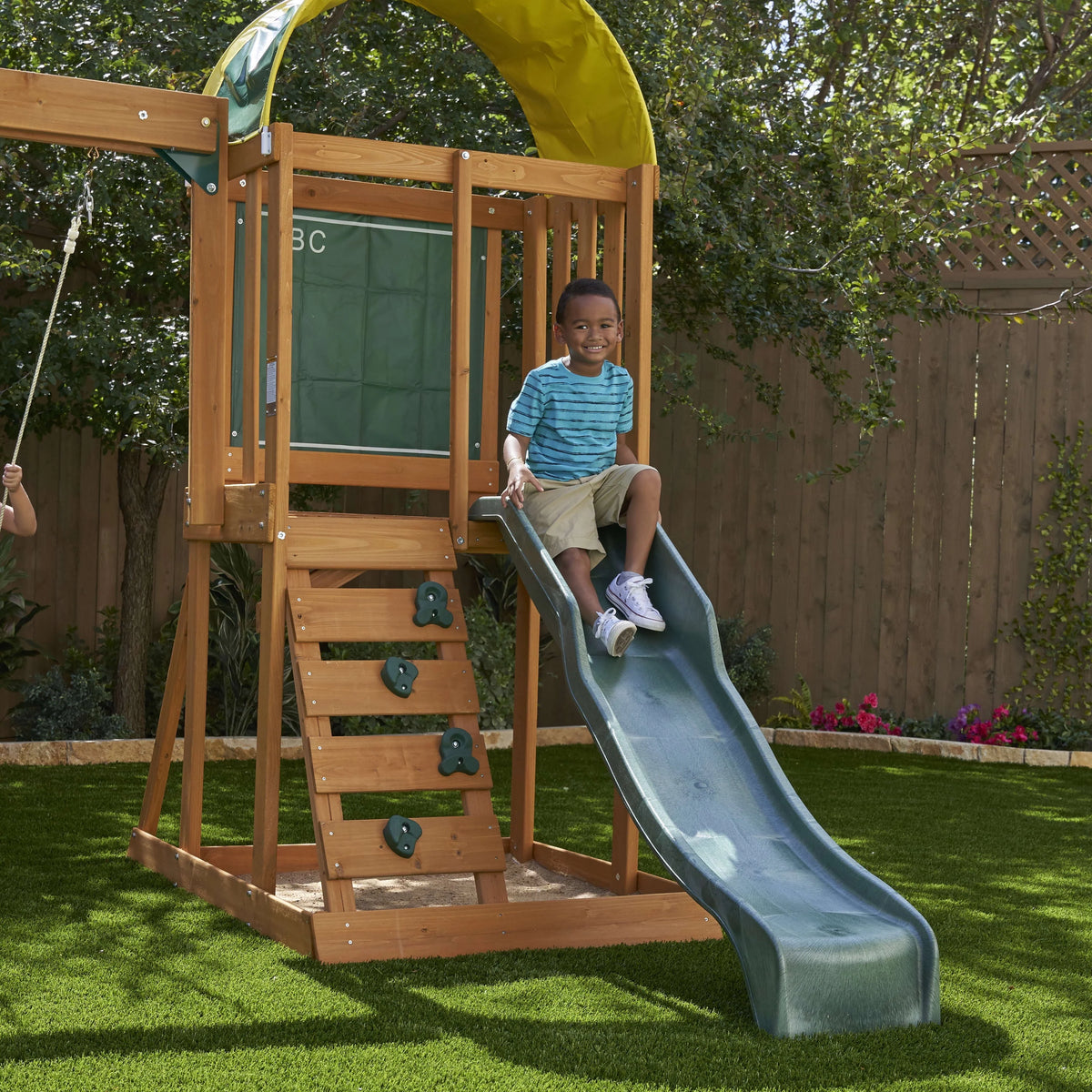 Wooden Outdoor Swing Set with Slide and Rock Wall K19195