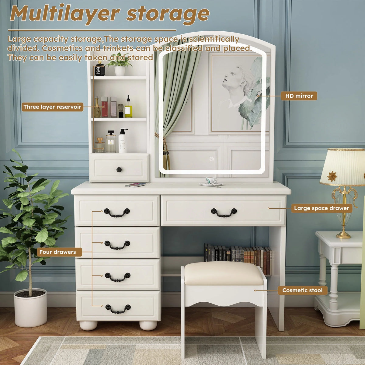 White Vanity Desk with Mirror and LED Lights J186324