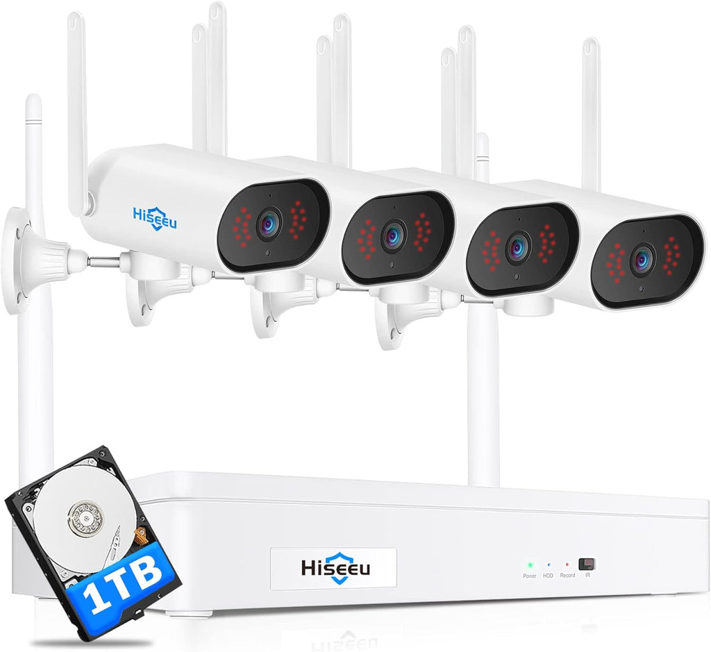 3MP WiFi Security Camera System, 4pcs Pan 180°View Cameras, 8CH NVR, 1TB Hard Drive W7576