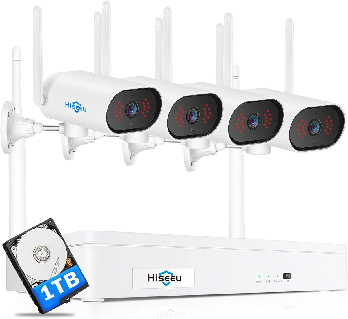 3MP WiFi Security Camera System, 4pcs Pan 180°View Cameras, 8CH NVR, 1TB Hard Drive W7576