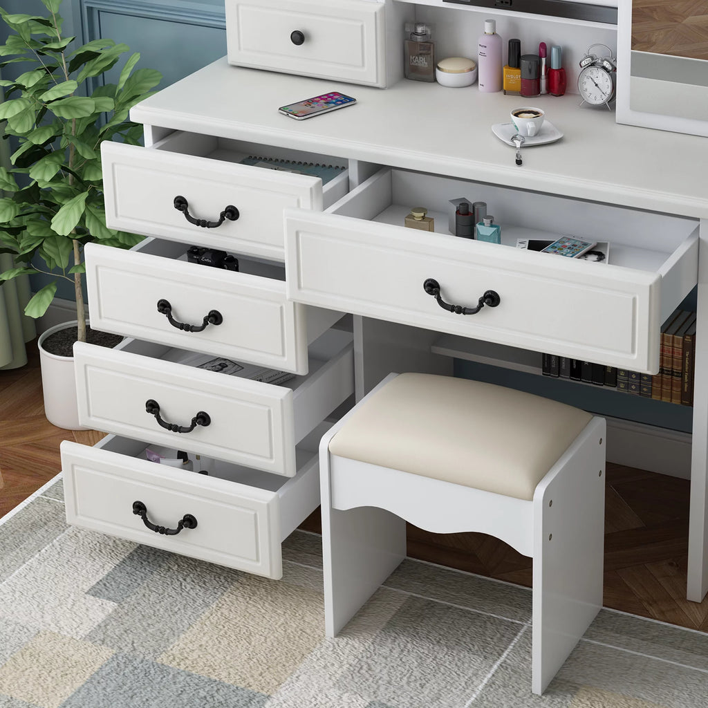 White Vanity Desk with Mirror and LED Lights J186324