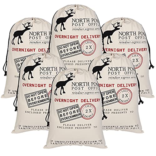 6 Pack Large Canvas Cotton Christmas Bags with Drawstrings A964791