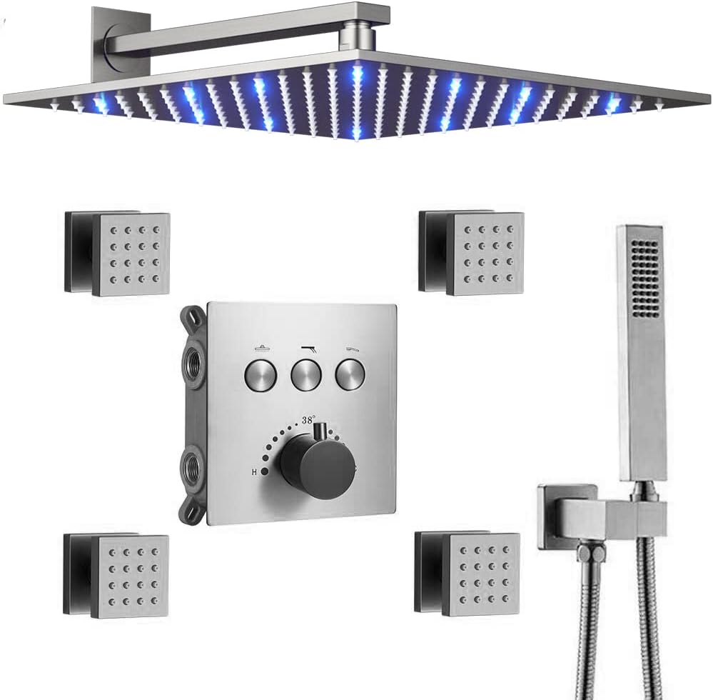 Black 12 Inch LED Rain Shower System With 4 PCS Body Sprays Handheld Shower Mixer Set Z82586