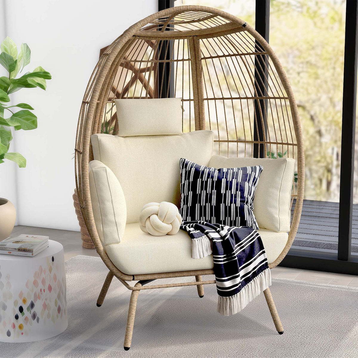 Oversized Wicker Egg Chair with Stand and Beige Cushions Y432