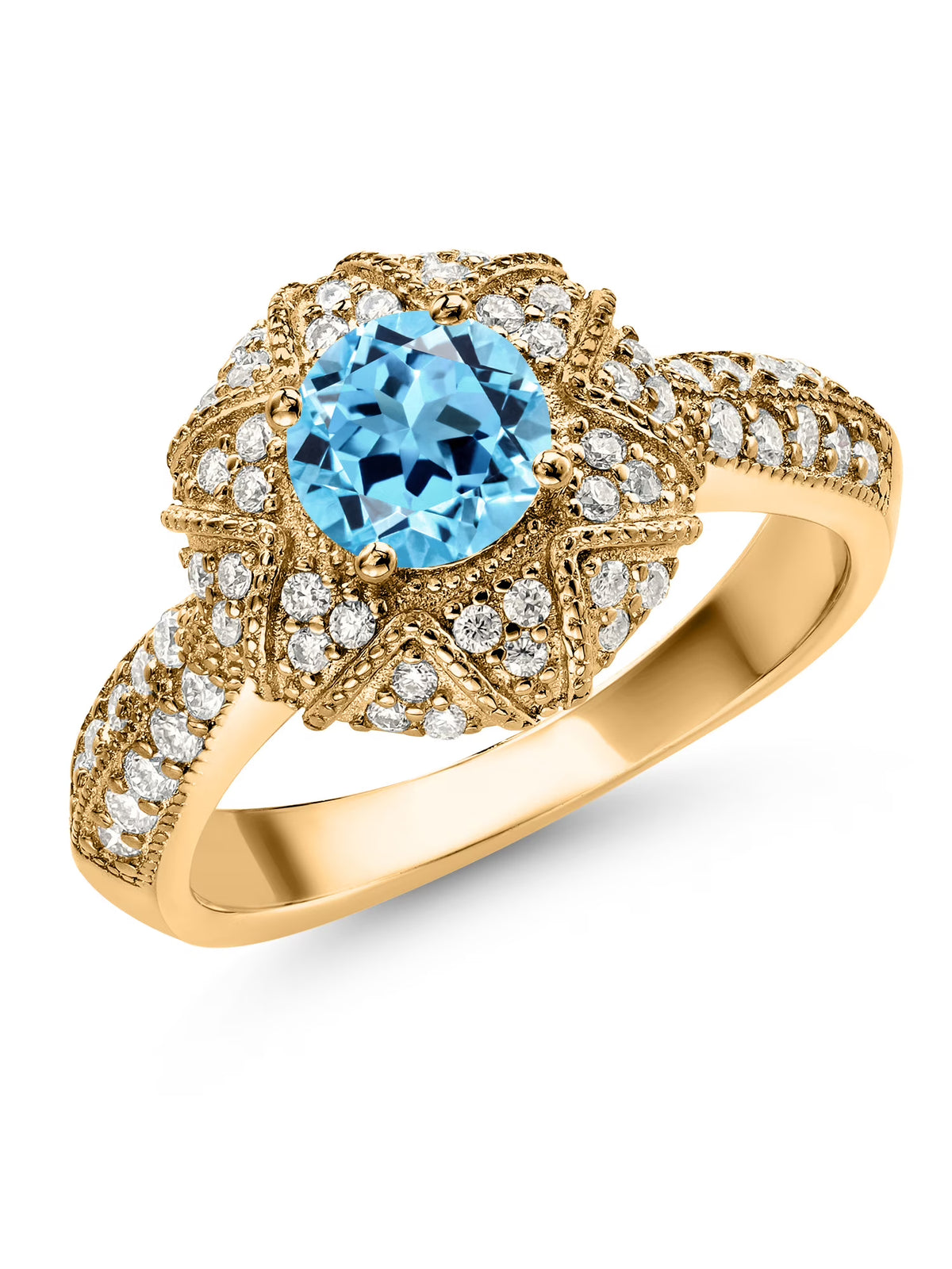 18K Yellow Gold Plated Silver Swiss Blue Topaz and White Moissanite Engagement Ring M28423