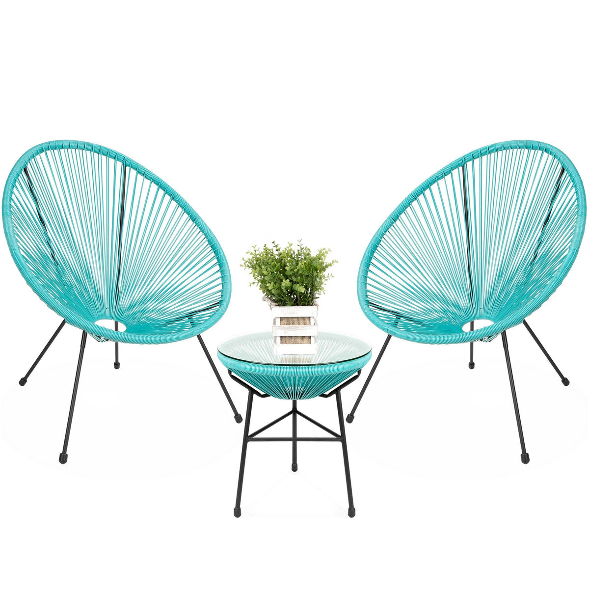 Light Blue 3-Piece Rope Patio Bistro Furniture Set with Glass Top Table T383