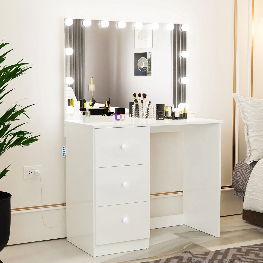 Modern Vanity Table with Light Bulbs 3 Drawers Wide Mirror White O36579