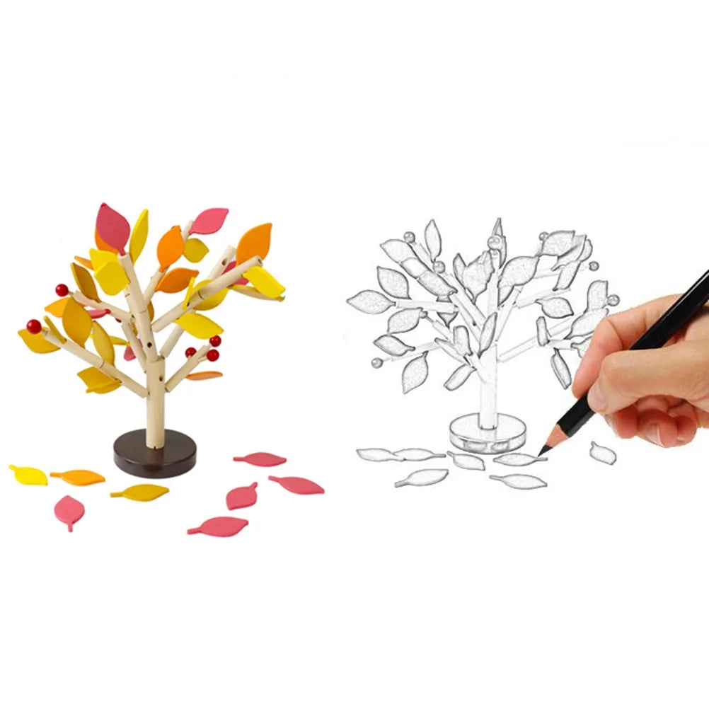 Creative Wooden Tree Blocks with Leaves 3D Building Set Toy (Yellow) A876613