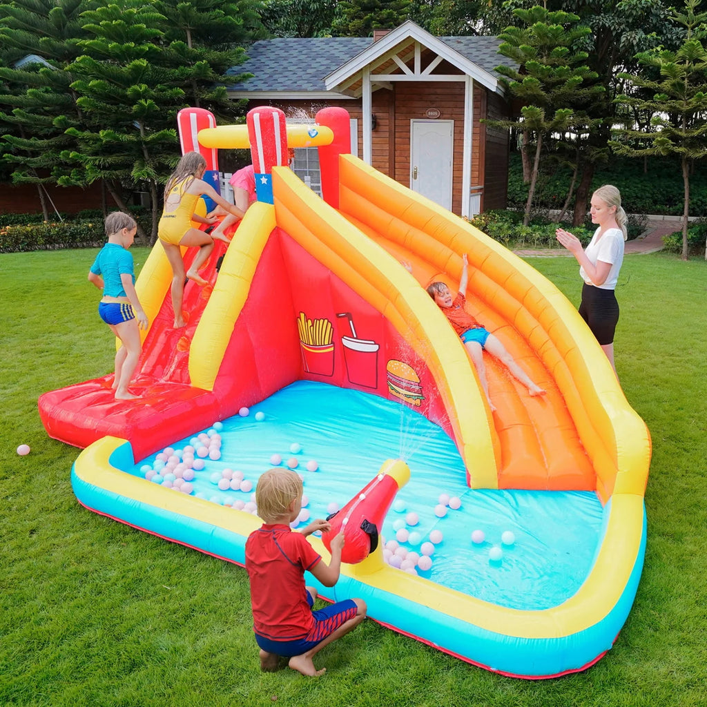Inflatable Water Slide Splash Toy with Climbing Wall, Splash Pool, Water Cannon, Blower, Sprinkler, Stakes, Repair Patches, Storage Bag U64735