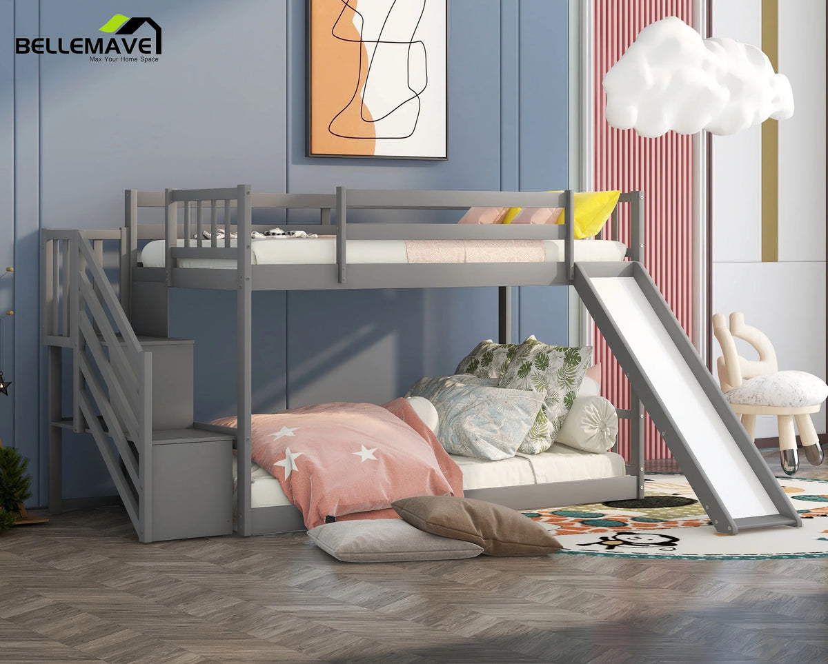 Gray Twin Over Twin Wooden Bunk Bed with Slide and Stairs L5432