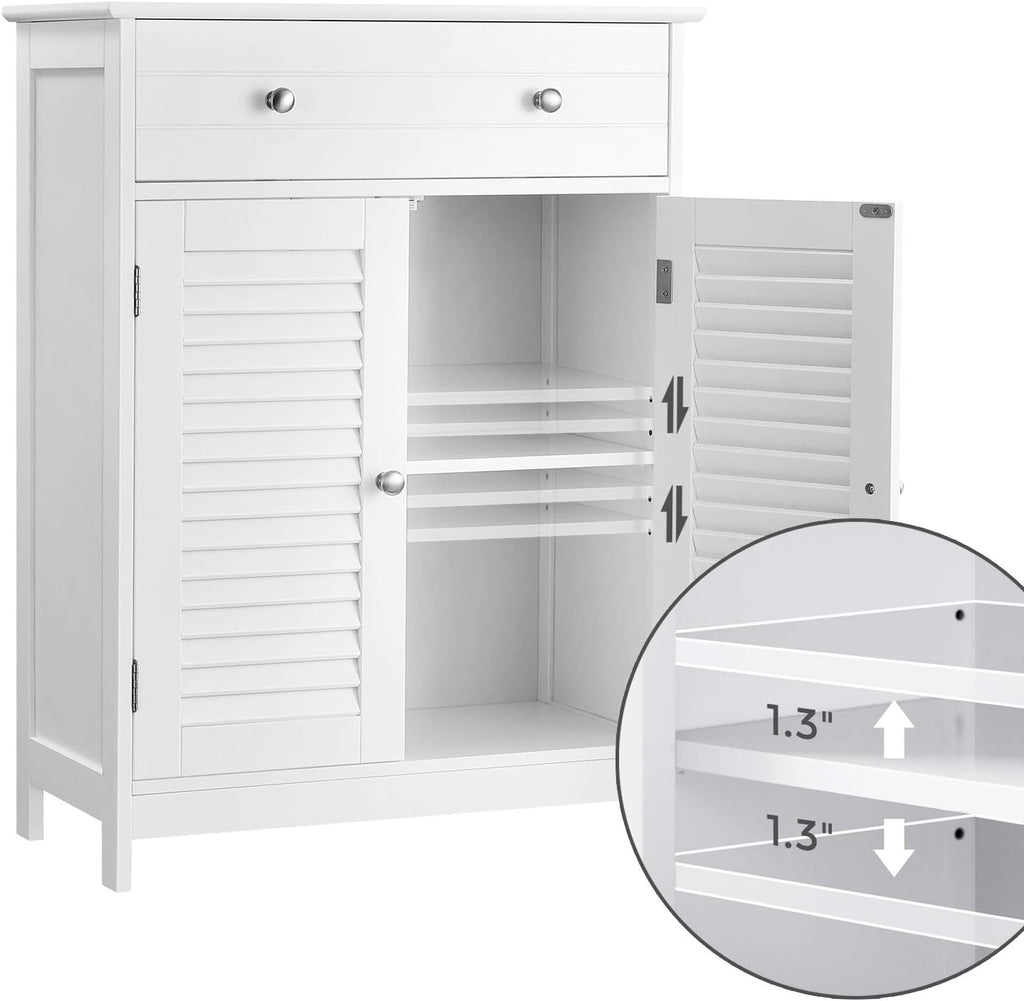Matte White Free-Standing Bathroom Cabinet with 2 Louvered Doors and Drawer L4770