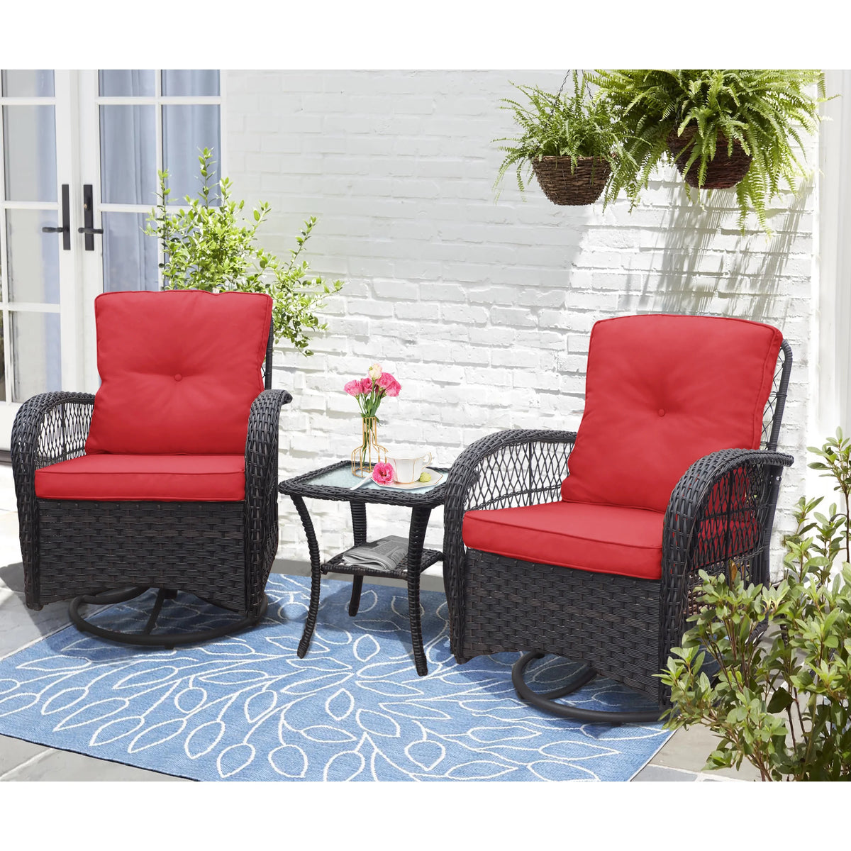 Khaki Wicker Swivel Rocker Chairs with Table D171
