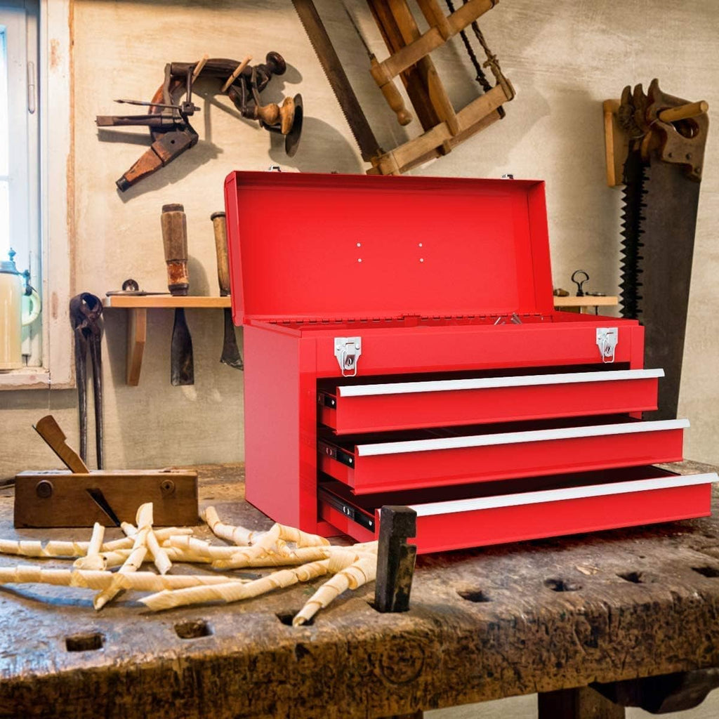 Red 3 Drawer Lockable Steel Tool Chest Cabinet with Top Tray S593250